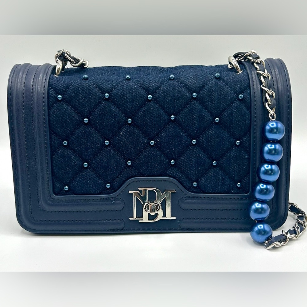 New Badgley Mischka Navy Quilted Denim Crossbody Bag